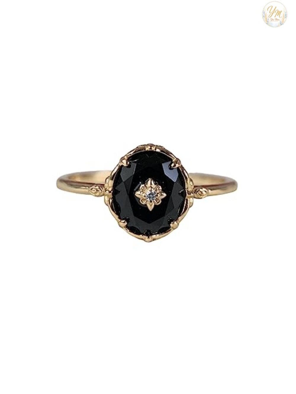 Gold Plated Silver Onyx Engagement Ring Art Deco Solitaire Women's Jewelry